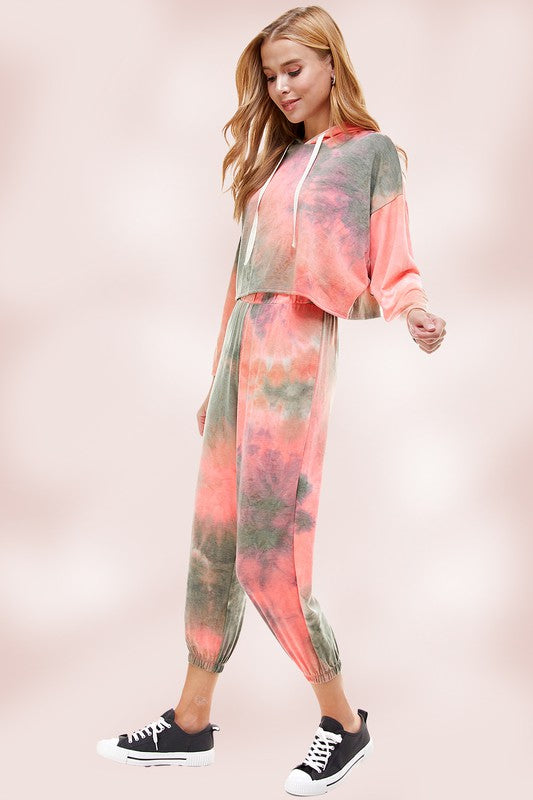 KNIT TIE DYED FRENCH TERRY HOODIE JOGGER PANT SET