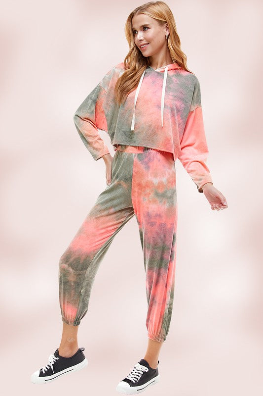 KNIT TIE DYED FRENCH TERRY HOODIE JOGGER PANT SET