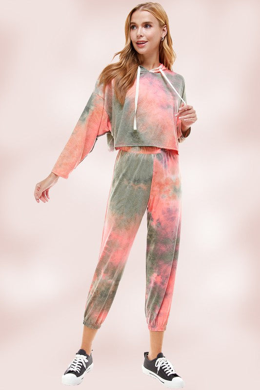 KNIT TIE DYED FRENCH TERRY HOODIE JOGGER PANT SET