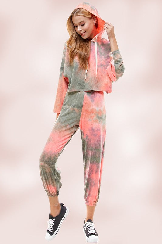 KNIT TIE DYED FRENCH TERRY HOODIE JOGGER PANT SET