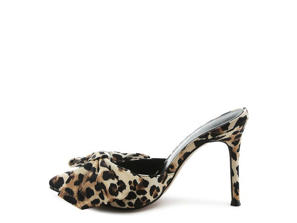 Joelle High Heel Bow Tie Leopard Print Mules