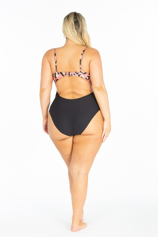 Plus Size Cut Out Pink Leopard Print Swimsuit