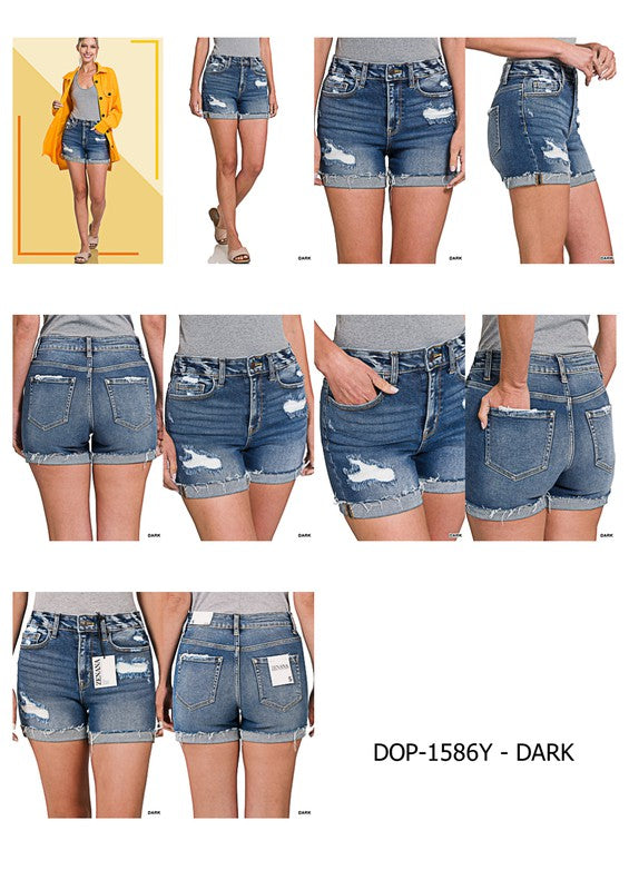 DISTRESSED CUFFED RAW HEM DENIM SHORTS